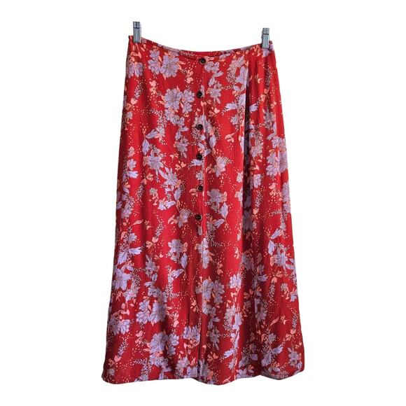 FREE PEOPLE Women's 4 Retro Love Midi Skirt Rust Floral Buttons Slit Waist 26" - Picture 2 of 8